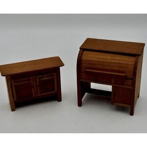 Dollhouse Miniatures Vintage Shackman Wood Roll Top Desk Hutch Console Cabinet